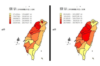 1998及2010年各縣市每千人持有小客車車輛數。中華民國統計資訊網