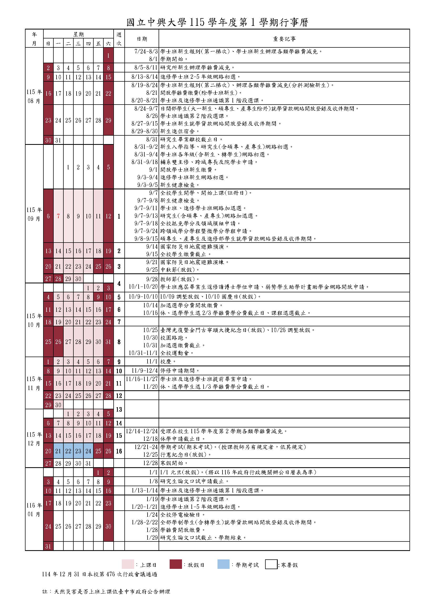 國立中興大學115學年度行事曆