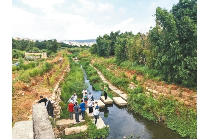 台中沙鹿南勢溪水環境景觀工程去年底完工，台灣河溪網現勘發現，部分踏石底部已被淘空，只剩鋼構固定住，踏上去會大幅度晃動。 記者洪敬浤／攝影