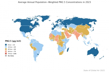 2023年全球PM2.5平均濃度指數。 圖表來源／Health Effects Institute. 2025. State of Global Air 2025.