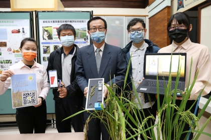 興大工學院院長楊明德（中）團隊研發水稻小幫手協助農民判定採收期