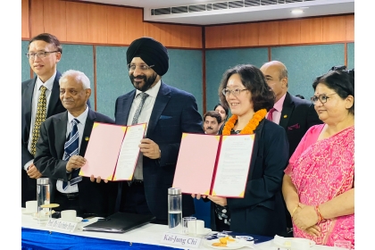 MOU Signing Ceremony at Amity University, a photo with Group Vice Chancellor Dr. Gurinder Singh (third from left) and Chairman of the Amity Science, Technology & Innovation Foundation (ASTIF) Dr. W Selvamurthy (second from left).