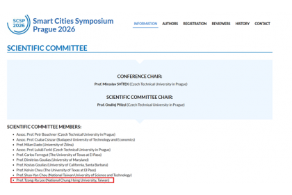 中興大學李宗儒教授受邀擔任2026年捷克布拉格智慧城市研討會(Smart Cities Symposium Prague, SCSP 2026)之Scientific Committee Member(科學委員會成員),共同促進亞洲與歐洲在智慧城市之交流及發展