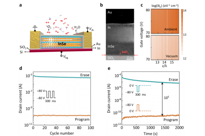 （a）二維層狀硒化銦電晶體的示意圖。 （b）硒化銦電晶體的高分辨率穿透式電子顯微鏡圖像。 （c）在不同條件下的有效界面陷阱密度。 （d）和（e）分別為硒化銦記憶體在大氣及真空環境條件下的電荷儲存性能和耐久特性測試結果。
