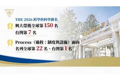 THE 跨學科科學排名 中興大學榮登全球第150名 制度與設施面向全國第一