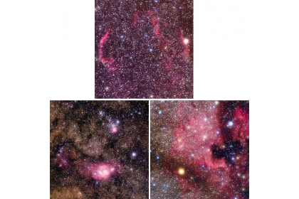 圖1:VERTECS 搭載的可見光望遠鏡所拍攝的 天鵝座環(上)、礁湖星雲(左下)與北美星雲(右下)影像。影像單邊的視野約為 3 度,約為月球視直徑的 6 倍。為使天體更容易辨識,影像的亮度與對比度經過調整。影像處理使用了臺灣團隊開發的資料下行鏈路,影像畸變校正與壞像素遮罩資料處理流程。(影像提供:VERTECS Project)