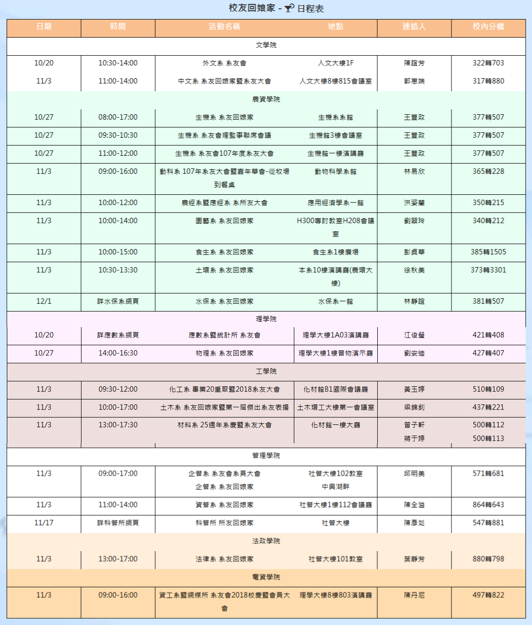 校友回娘家 - 日程表