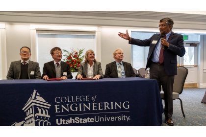 USU College of Engineering Dean Jagath Kaluarachchi (right) signed an agreement with (from left) former NCHU College of Engineering Dean Guo-Jen Wang, NCHU Vice President Fuh-Jyh Jan and USU President Noelle Cockett that creates a joint Ph.D. program in e