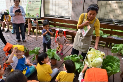 興大有機農夫市集十二週年慶，舉辦幼兒食農教育，讓幼兒與家長認識到高麗菜的成長過程。