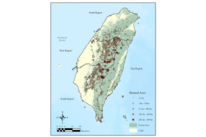 臺灣1964~2021年林火位置分布(可看出集中於中南部)